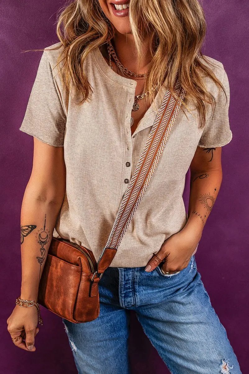 Oatmeal Short Sleeve Half Button Ribbed Knit Top for Women - Love Salve